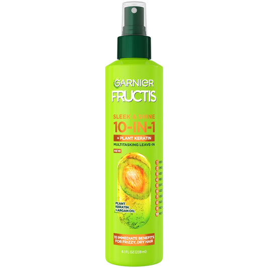 GARNIER Fructis Sleek & Shine 10-in-1 for Frizzy, Dry Hair, Plant Keratin, 8.1 Fl Oz, 1 Count (Packaging May Vary)