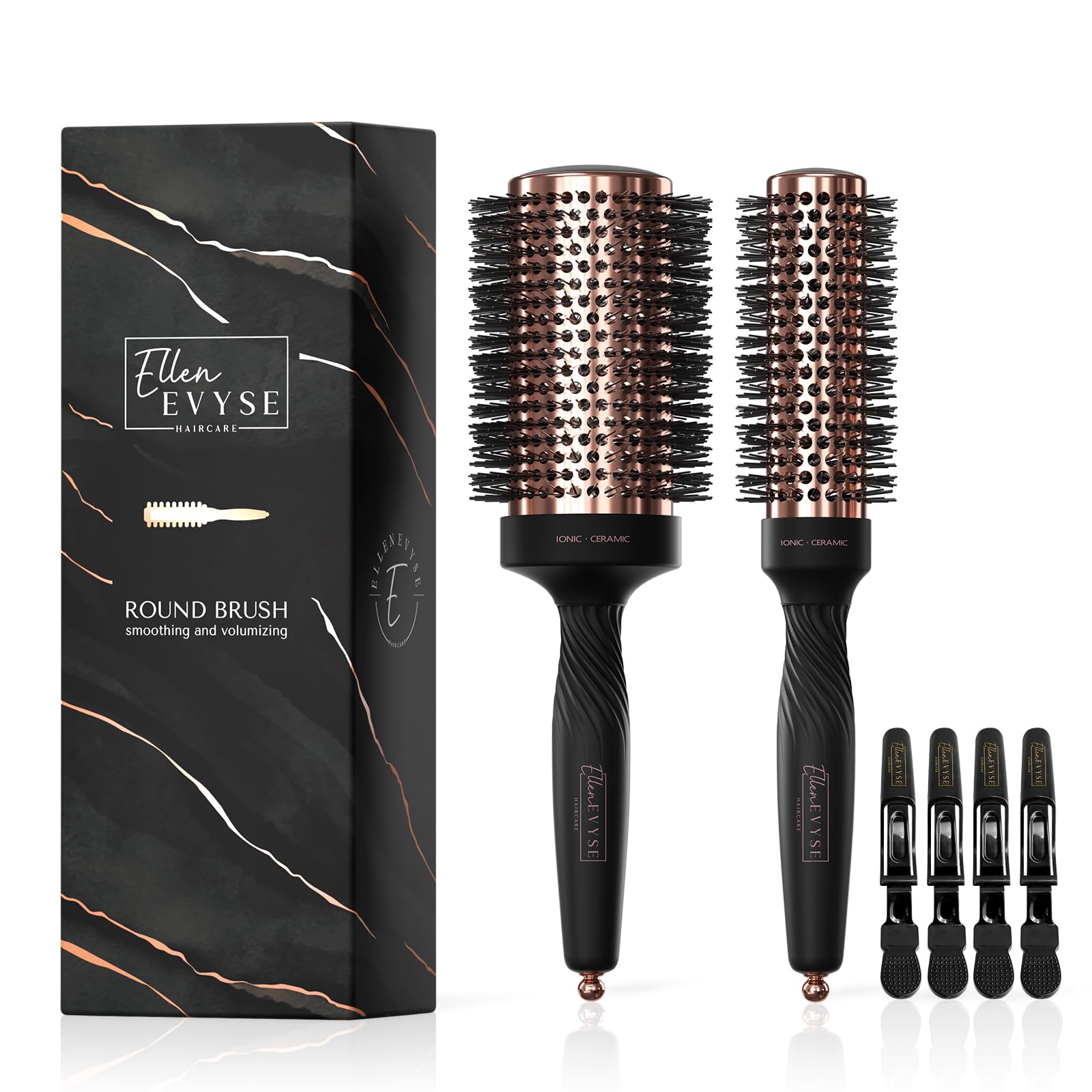 Round Brush for Blow Drying, Ceramic Coated Barrel for Volumizing & Shine, Lightweight Styling Brush for Straightening, Curling,with 4 Hair Clips (1.3inch&2.1inch)