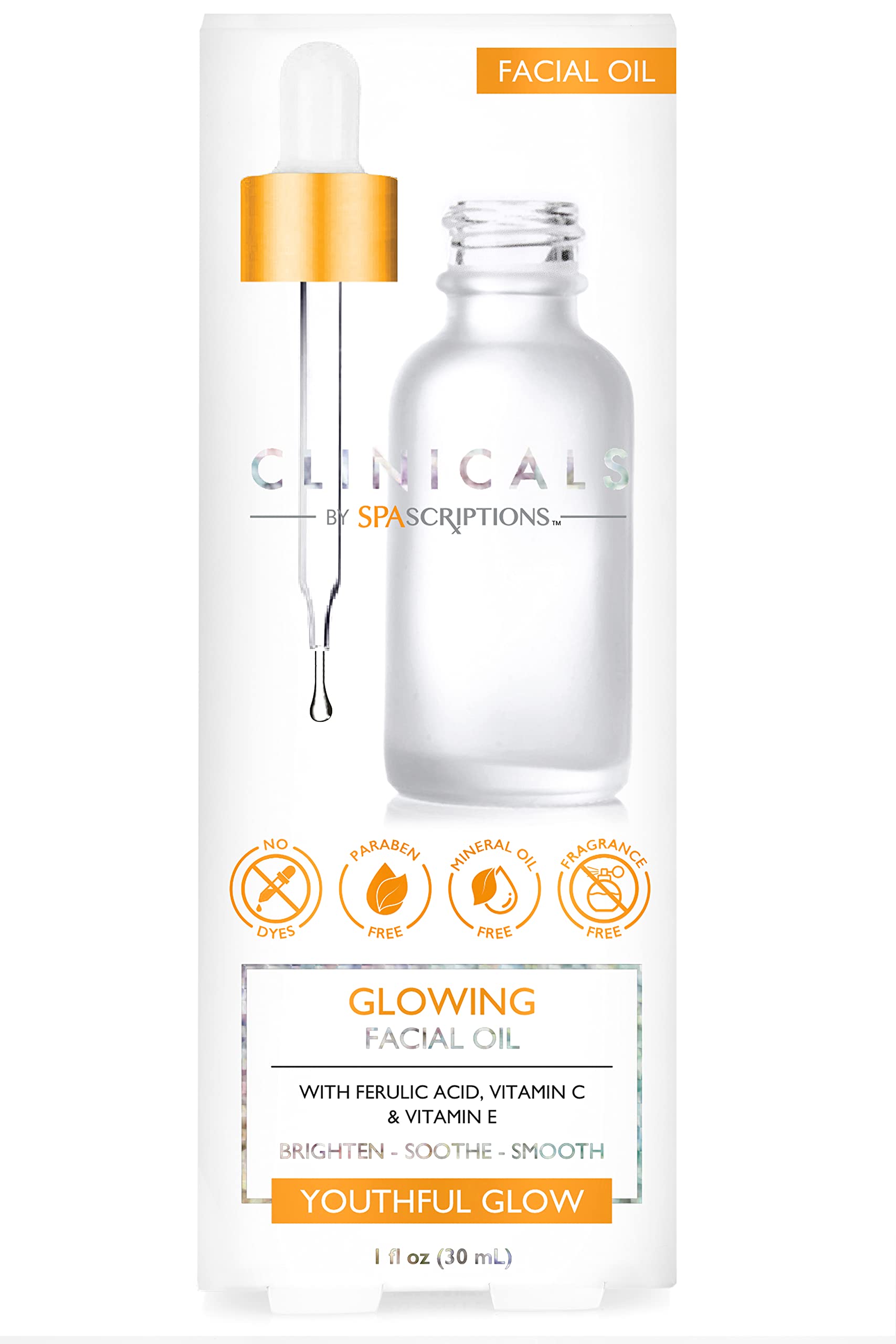 SpaScriptions Clinicals Glowing Facial Oil with Ferulic Acid, Vitamin C, and Vitamin E to Brighten, Soothe and Smooth your Skin to a Youthful Glow