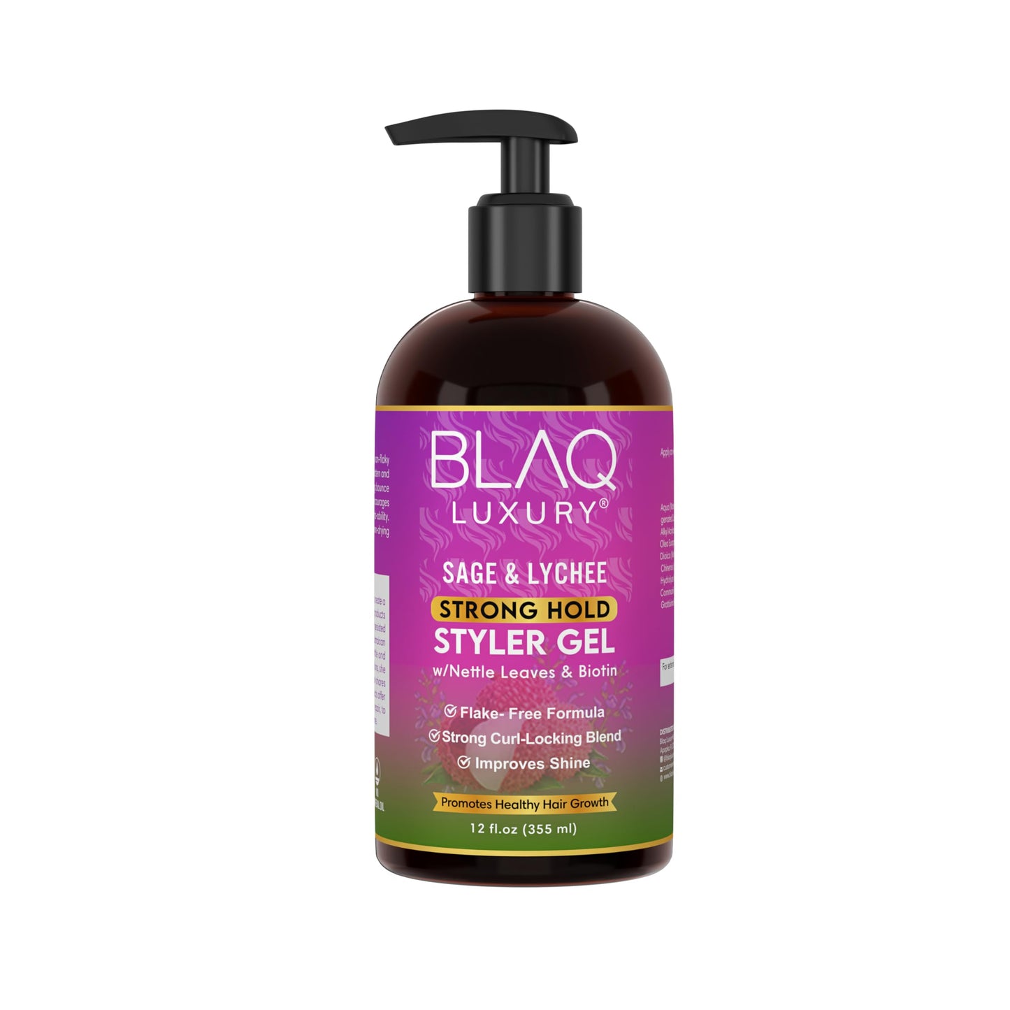 Blaq Luxury Sage & Lychee Strong Hold Styler Gel - Non-Alcoholic and Non-Flaky Formula for All-Day Hold Biotin Infused - Promotes Hair Repair, Growth, and Manageability - 12oz