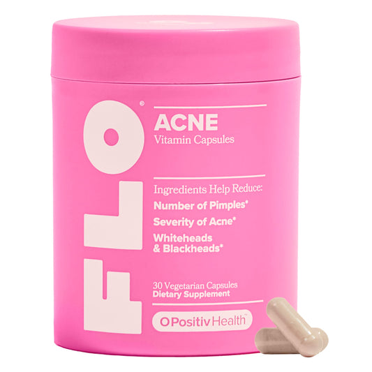O Positiv FLO Acne Capsules Reduce Number and Severity of Pimples, Whiteheads, Blackheads, and Pustules on Face, Back, and Body Colostrum-Derived Lactoferrin, Zinc and Vitamin E 30 Servings