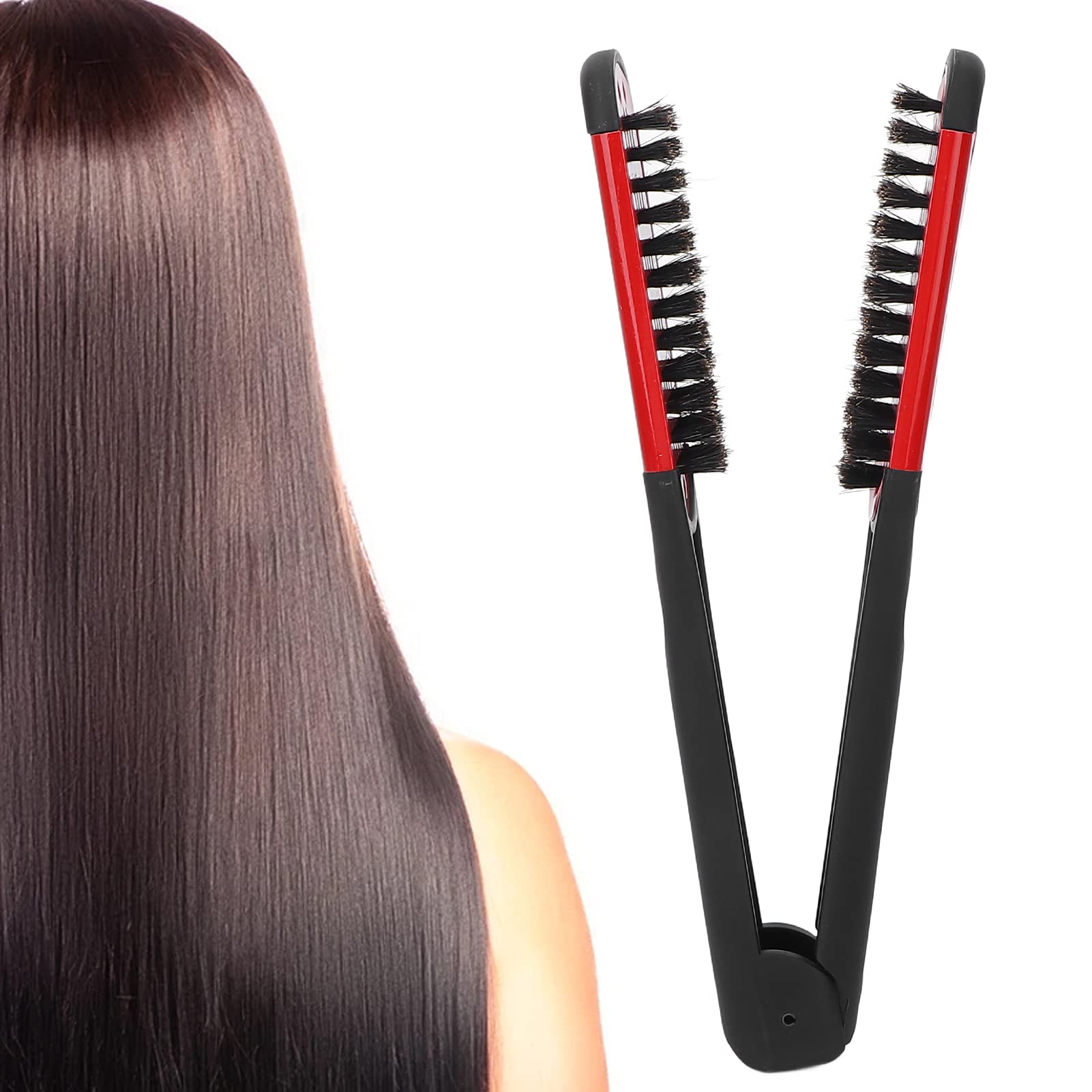 Clamp Hair Straightening Brush - Double-Sided Bristle Brush for Hair Straightening, Styling and Hairdressing for Women and Men (Red)