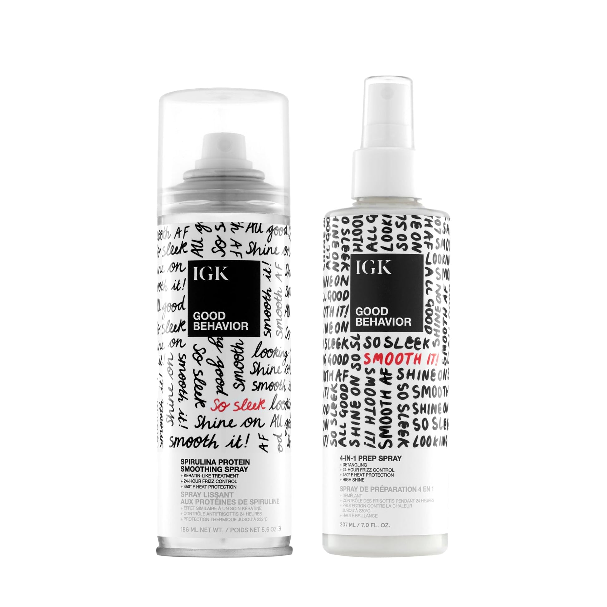 IGK GOOD BEHAVIOR Smoothing Frizz Fighters Set | 4-in-1 Prep Spray + Spirulina Protein Smoothing Spray | Frizz Control + Heat Protectant | Vegan + Cruelty Free