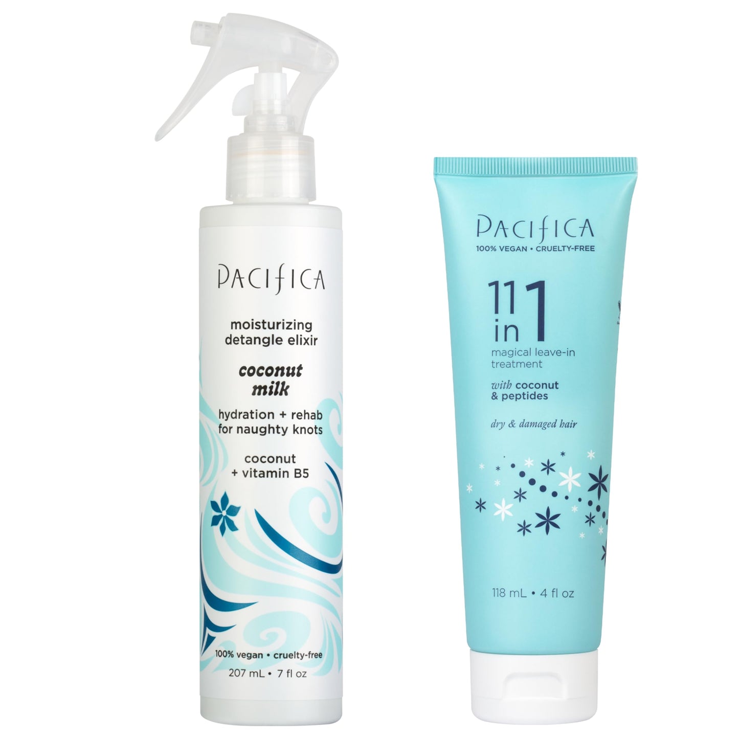 PACIFICA Hair Detangler Spray & Leave-In Conditioner Bundle Tangle-Releasing Hydrating Leave On Conditioning Elixir for Frizz Control, Knotty Hair Repair & Smooth, Shiny Finish Vegan All Hair Types