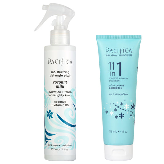 PACIFICA Hair Detangler Spray & Leave-In Conditioner Bundle Tangle-Releasing Hydrating Leave On Conditioning Elixir for Frizz Control, Knotty Hair Repair & Smooth, Shiny Finish Vegan All Hair Types