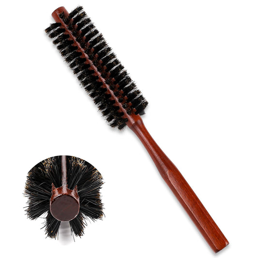 Small Round Hair Brush for Thin or Short Hair, Natural Boar Bristle Hair Brush with Wooden Handle Mini Volumizing Roller Hairbrush for Women & Men Fine Hair Drying, Styling, Curling,Restore Hair Shine