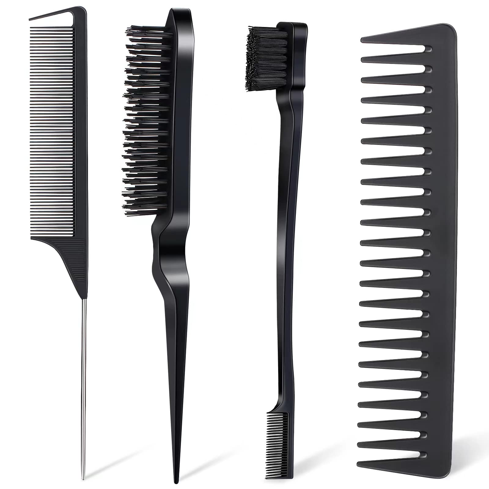 4Pcs Hair Brush Styling Combs Set, Anmieciu Bristle Hair Edge Brush, Teasing Brush Comb, Rat Tail Comb and Wide Tooth Comb for Women Girls Men Combing, Smoothing and Styling Hair (Black)