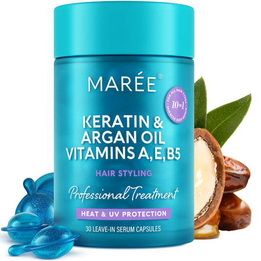 MAREE Hair Oil for Frizzy - Hair Vitamins A, E & B Keratin Styling Capsules with Jojoba & Argan Oil - Anti Frizz Serum for Women - Frizzy, Damaged, Dry and Curly - SŽrum Gotas & Aceite Para el Cabello