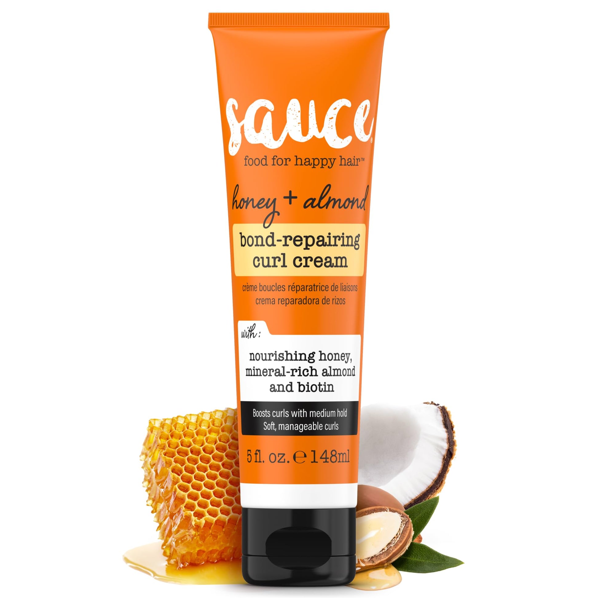 SAUCE Honey + Almond Bond Repair Curl Cream, 5 Fl Oz, Controls Frizz & Defines Curls, Helps Repair Damage & Reduce Breakage with Biotin & Almond Oil, No Sulfates & Parabens