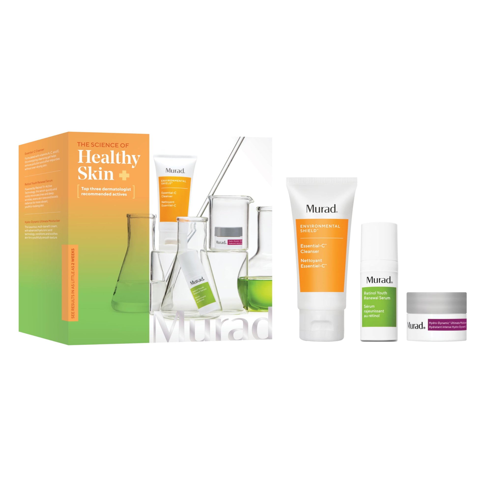 Murad Top 3 Derm-Recommended Actives - 3-Piece Trial Kit - Daily Skincare Regimen - Ess-C Cleanser 2Fl Oz, Retinol Serum 0.33Fl Oz, Hydro Dynamic Moisturizer 0.25Fl Oz