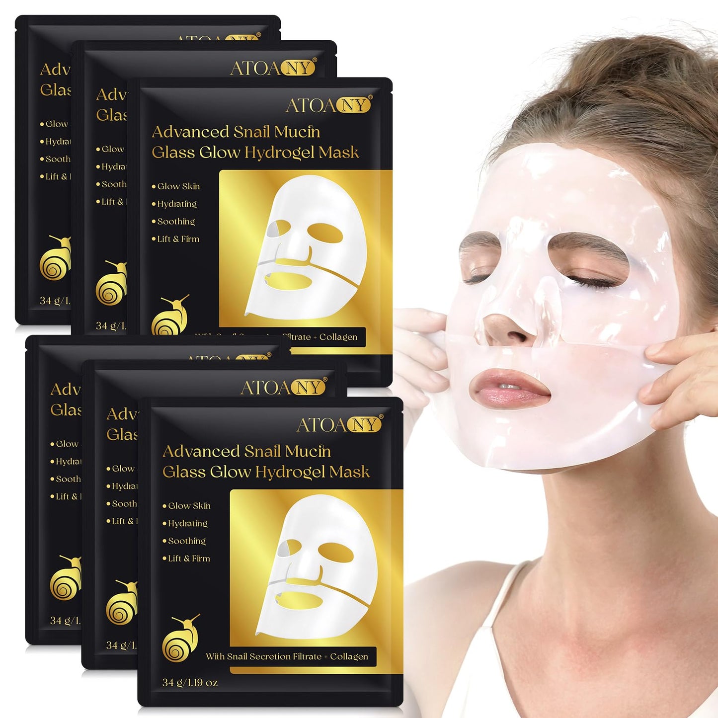 6 Pack Advanced Snail Mucin Glass Glow Face Masks, Collagen Face Mask, Hydrating Overnight Hydrogel Mask for All Skin Types