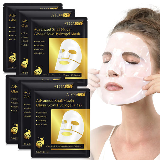 6 Pack Advanced Snail Mucin Glass Glow Face Masks, Collagen Face Mask, Hydrating Overnight Hydrogel Mask for All Skin Types