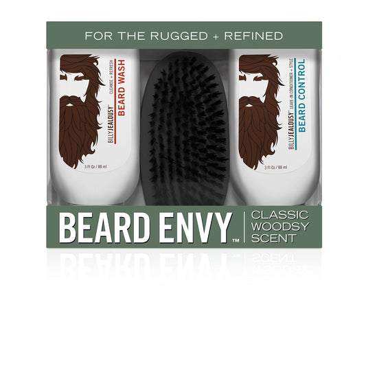 BILLY JEALOUSY Beard Envy Facial Hair Refining Kit with Beard Wash Facial Hair Control and Boar Bristle Brush for Clean, Hydrated, Soft, Tamed Unruly Mane