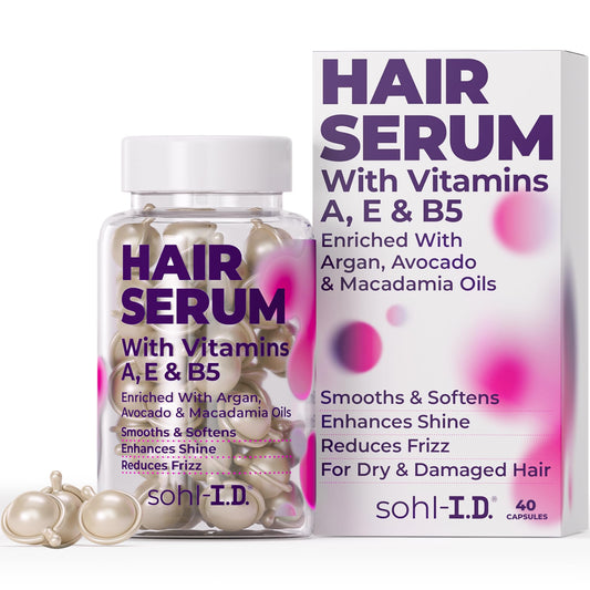 sohl-I.D. Hair Serum with Vitamins, Treatment for Dry & Damaged Strands, Reduces Frizz, Enhances Shine, Moisturizer for Silky Smooth Locks, Non-Greasy Formula for Manageable Results - 40 capsules