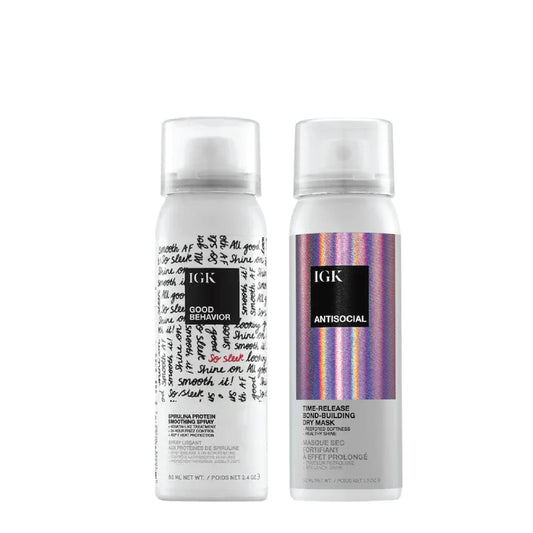 IGK Hair Treatment Travel Size Set | Antisocial Dry Hair Mask + Good Behavior Spirulina Spray | Overnight Bond-Building + Keratin Like Smoothing Spray | Vegan + Cruelty-Free | Set of 2