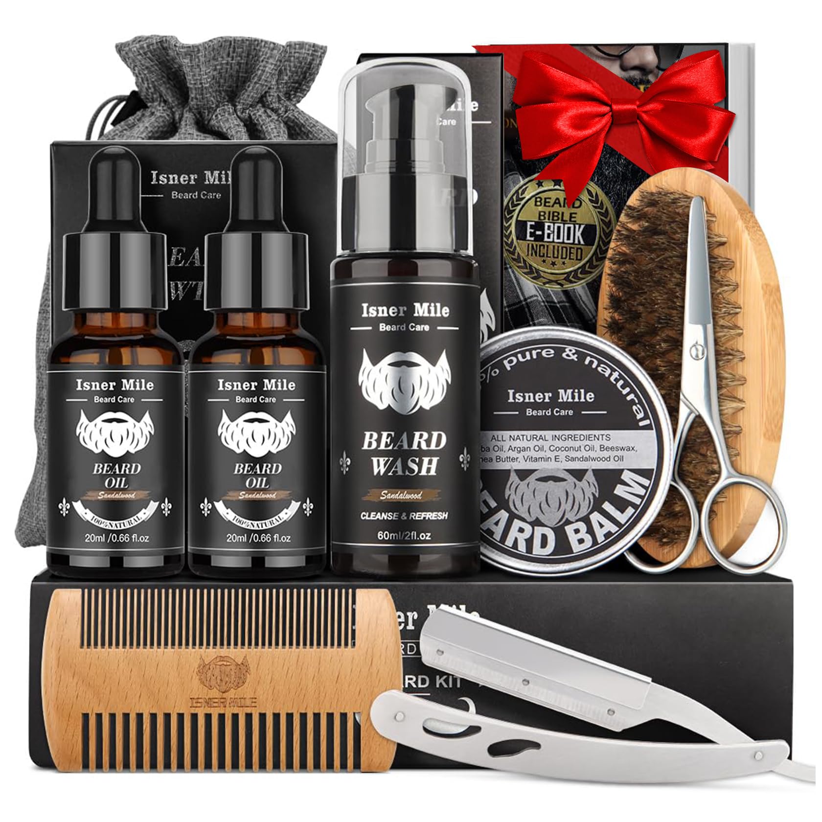 Isner Mile Beard Grooming Kit for Men Care: Trimming Sets with Beard Wash/Shampoo - Oil - Balm - Brush - Comb - Scissors & Storage Bag, Valentines Birthday Fathers Gifts for Dad Men Husband Boyfriend