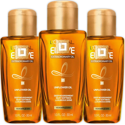 LeOreal Elvive Extraordinary Hair Oil Treatment Serum, 3 Pack Deep Nourishing Treatment Serum with Camellia and Sunflower Oil, for Dry or Frizzy Hair, Travel Size 1 oz. Each