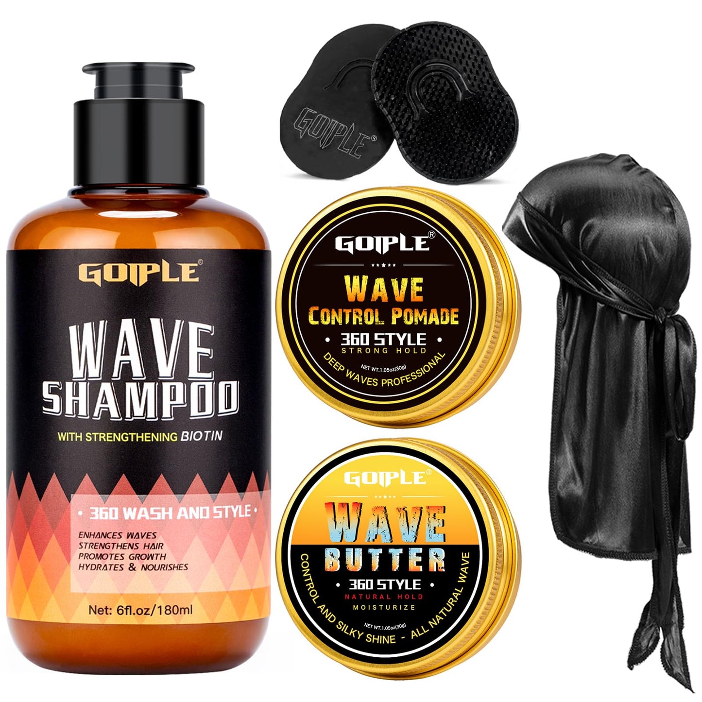 Goiple 360 Wave Shampoo Wave Pomade Strong Hold 360 Training Hair Cream, Wave Butter for Men Pocket Palm Brush Curved Brush Silky Durags for Men Extra Long Tails Wave Brush Wave Cap Set