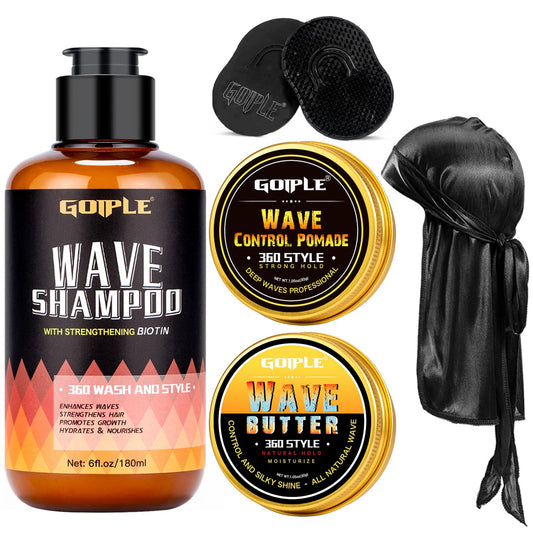 Goiple 360 Wave Shampoo Wave Pomade Strong Hold 360 Training Hair Cream, Wave Butter for Men Pocket Palm Brush Curved Brush Silky Durags for Men Extra Long Tails Wave Brush Wave Cap Set
