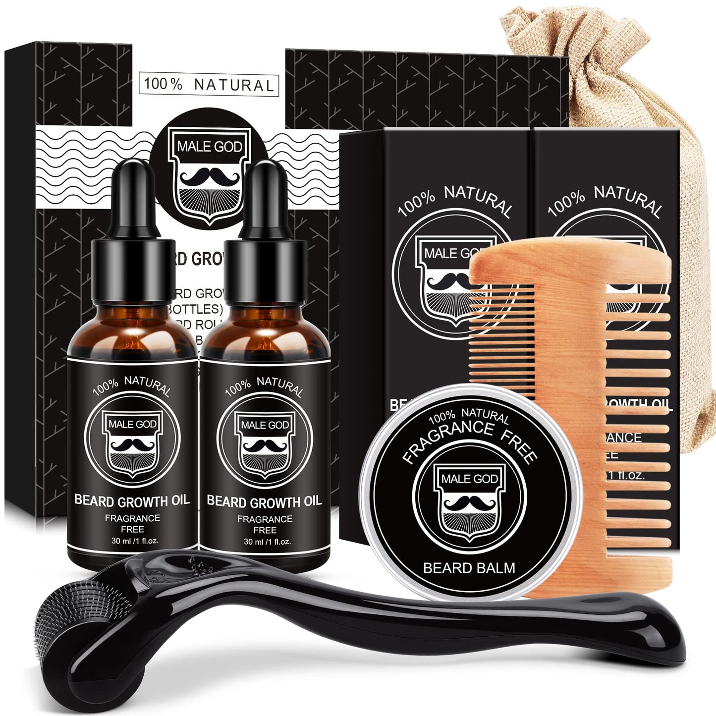 Beard Growth Kit, Beard Kit W/Beard Growth Oil, Balm, Comb, Massager for Spot/Patchy Beard, Gifts for Men Him Boyfriend Husband