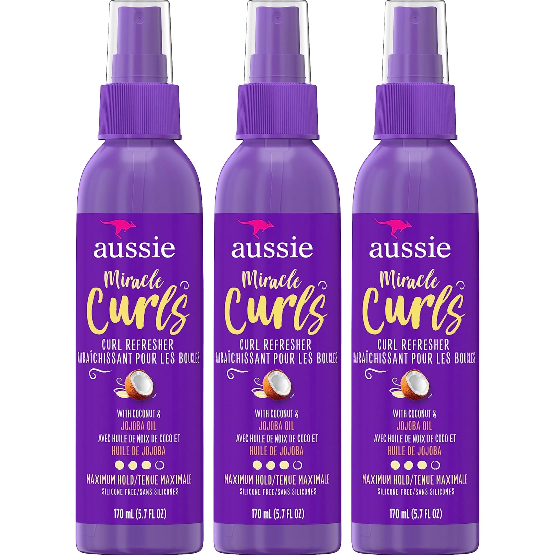 AUSSIE Miracle Curls Refresher Spray Gel With Coconut & Jojoba Oil, 3 Pack, Max Hold, For All Hair Types, Eliminates Frizz, 5.7 oz. Each