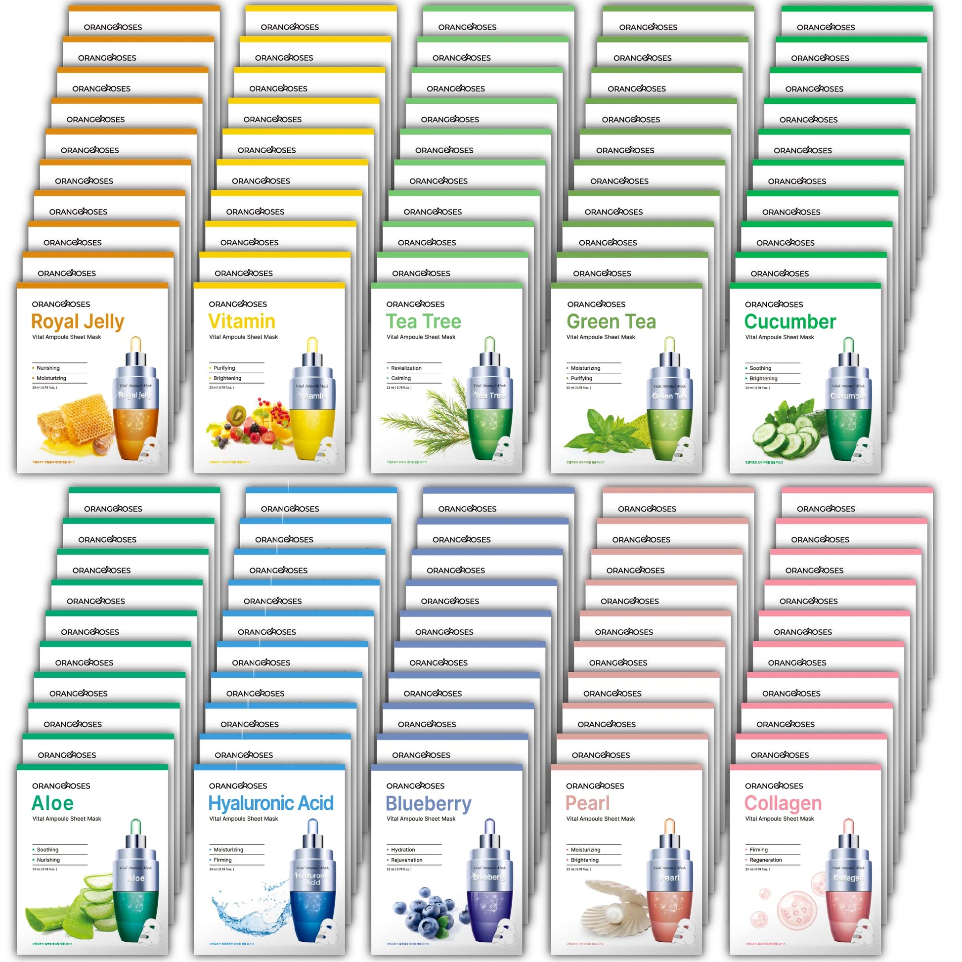 Orangeroses 100 Pcs Combo Pack, Premium Korean Essence Facial Mask Sheet (10 Types x 10 pcs)
