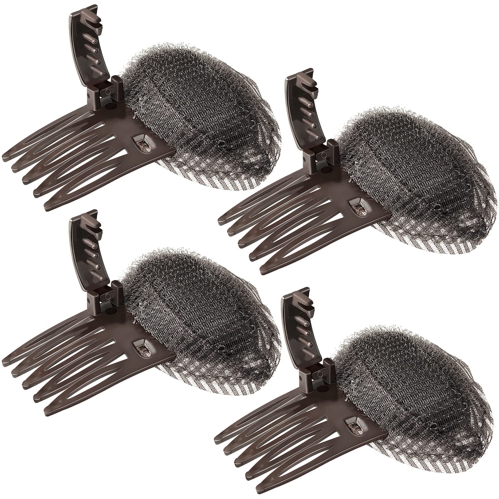 4 Pieces Puff Hair Accessories - Invisible Fluffy Sponge Clips, Front Comb Bun Bump Up Volume Base, Styling Inserts to Increase Volume for Women and Girls (Brown)