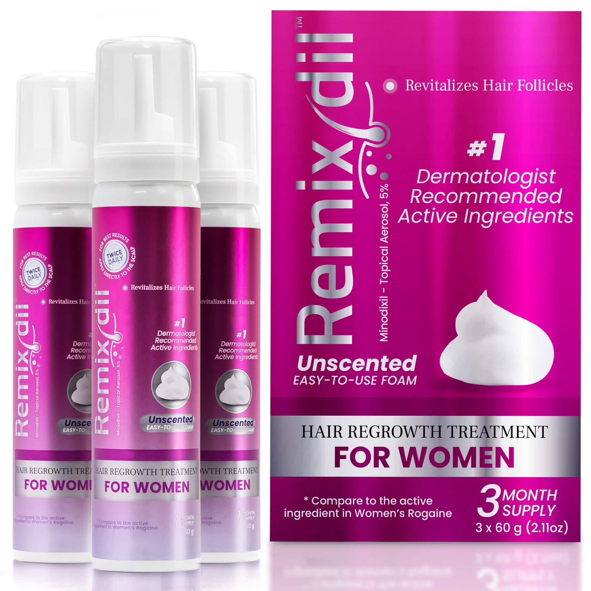 Minoxidil for Women | 5% Minoxidil For Women Hair Growth | Hair Regrowth Treatment | Unscented Topical Foam | DERMAtologist Recommended | Clinically Proven Formula | 3 Month Supply