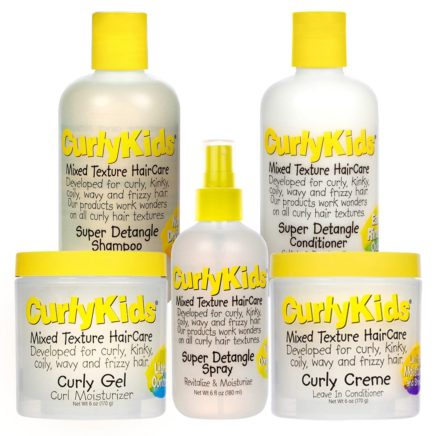 CurlyKids Super Detangle Spray Bundle with Hair Detangler Spray, Kids Shampoo, Conditioner, Gel & Creme for Curly, Frizzy, & Wavy Hair | Sulfate & Paraben-Free Formula to Detangle