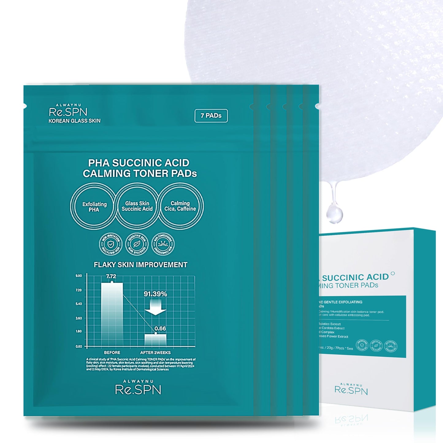 Re.SPN PHA Succinic Acid Calming Toner Pads Daily Exfoliating, Hydrating and Soothing with CICA, Caffeine, Non-comedogenic, Vegan, Glass Skin, K-Beauty (35 Count, Travel Kit)