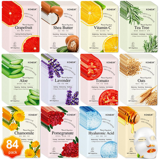 84 Pack Collagen Face Masks Skincare for Women, Hydrating and Moisturizing Sheet Face Masks for Women Skin Care, Face Mask Gifts Set for Spa Party, Bulk Facial Masks Suitable for All Skin Types