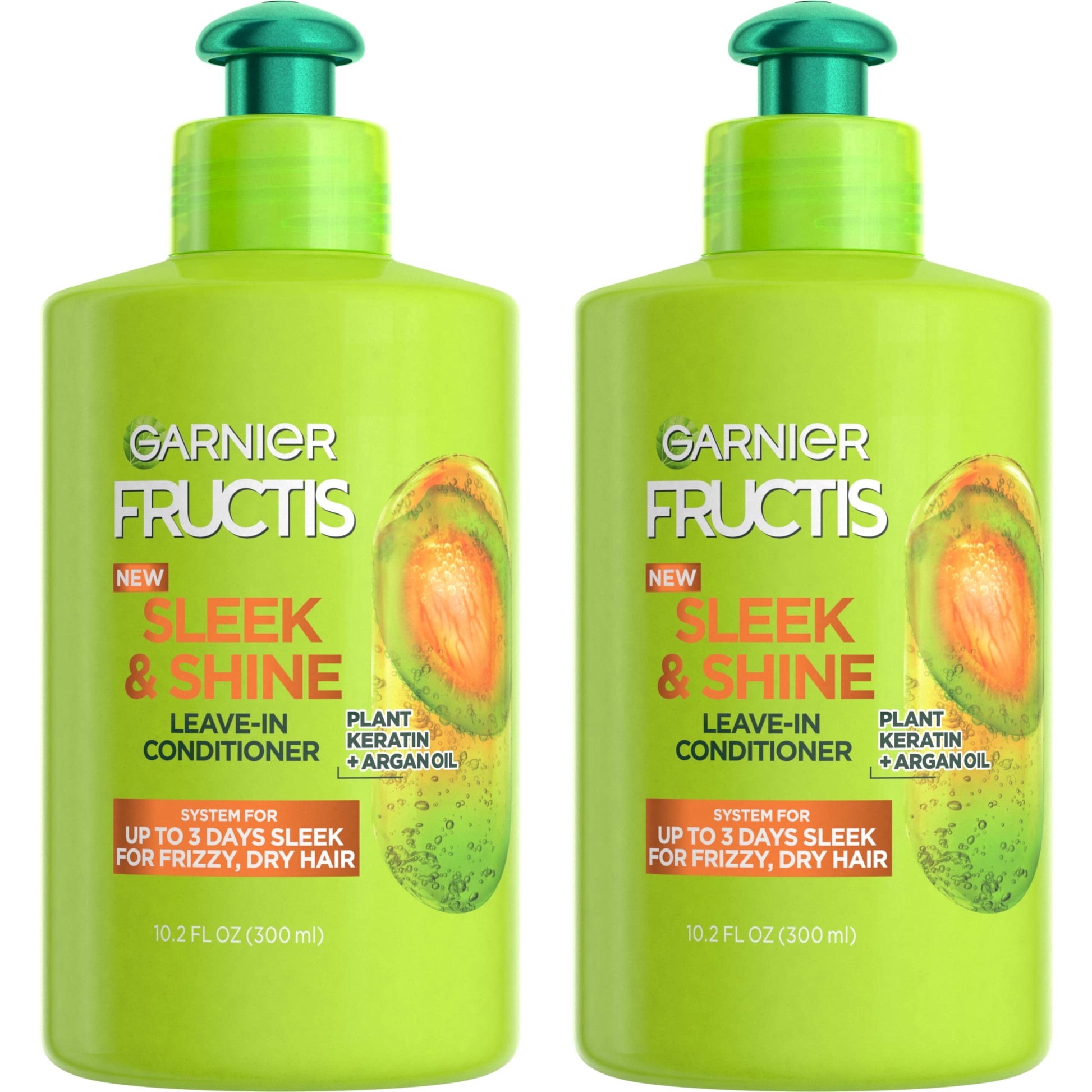 GARNIER Fructis Sleek & Shine Leave-In Conditioning Cream for Frizzy, Dry Hair, Plant Keratin + Argan Oil, 10.2 Fl Oz, 2 Count (Packaging May Vary)