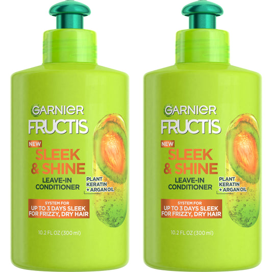 GARNIER Fructis Sleek & Shine Leave-In Conditioning Cream for Frizzy, Dry Hair, Plant Keratin + Argan Oil, 10.2 Fl Oz, 2 Count (Packaging May Vary)