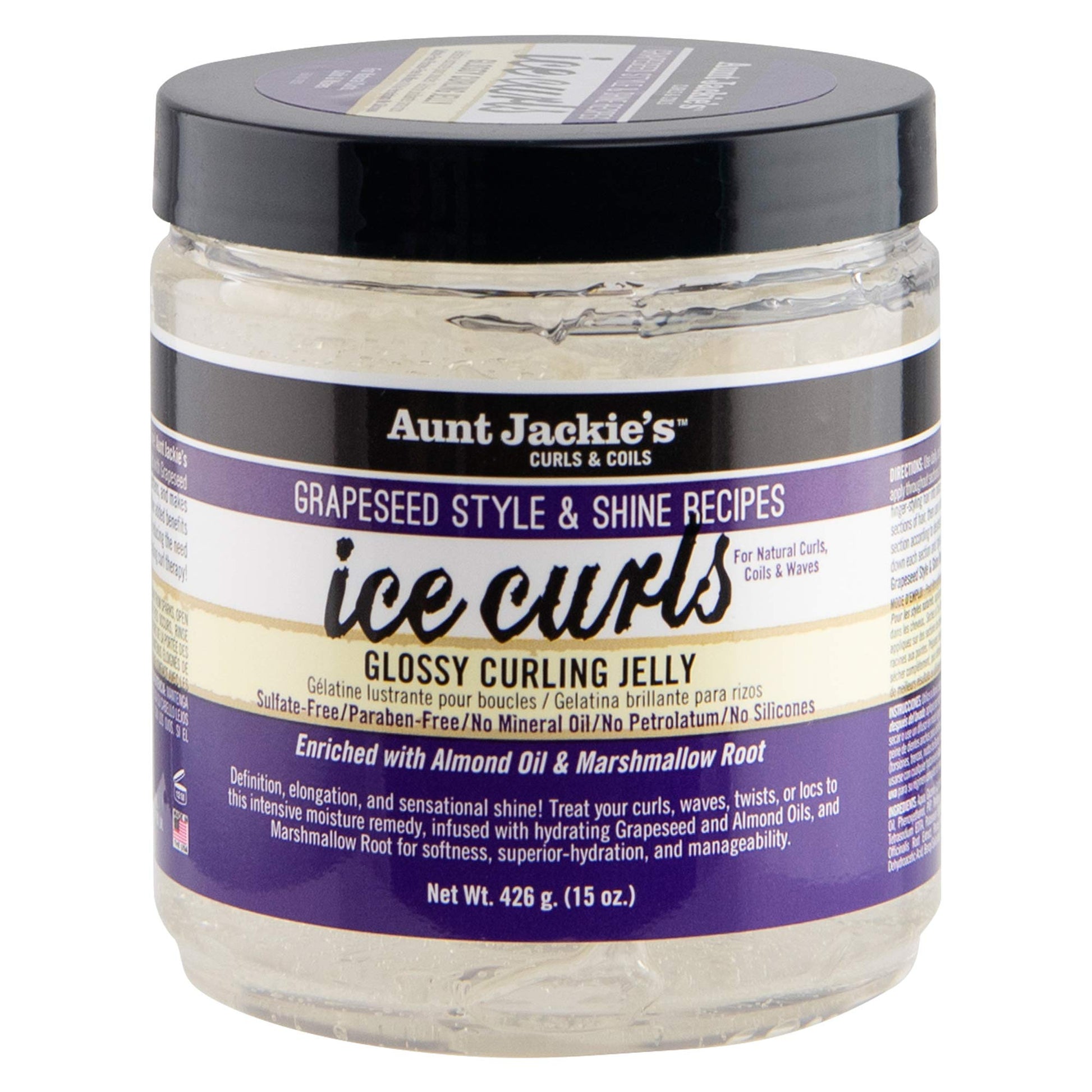 AUNT JACKIE'S Grapeseed Style and Shine Recipes Ice Curls Glossy Curling Jelly, Hydrates, Softens, Makes Waves, Curls and Coils Easier to Style, 15oz
