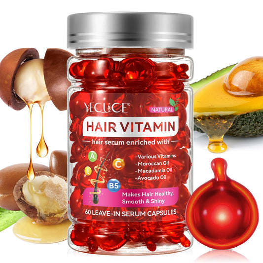 Hair Treatment Serum Hair Vitamin Capsules 60Pcs, with Vitamin A C E Pro B5, No Rinse with Argan Macadamia/Avocado Oil for Hair Repair, Smooth & Anti Frizzy (red, 60)