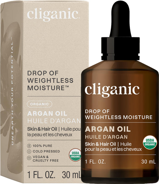 Cliganic Organic Argan Oil, 100% Pure (1oz) - for Hair, Face & Skin | Cold Pressed Carrier Oil (Packaging May Vary)