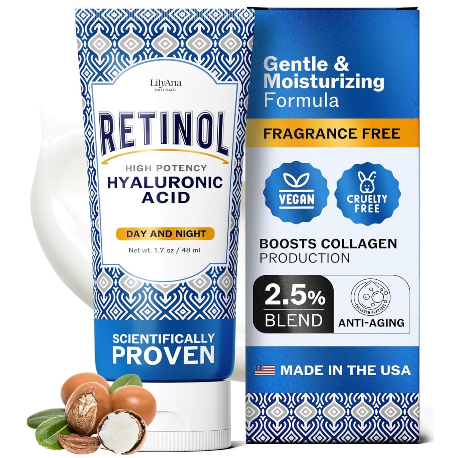 LilyAna Naturals Anti Aging Retinol Face Cream for Women Wrinkle & Neck Cream for Firming, Retinol Moisturizer for Face with Hyaluronic Acid, Hydrating Night Cream for Fine Lines, Collagen Boost