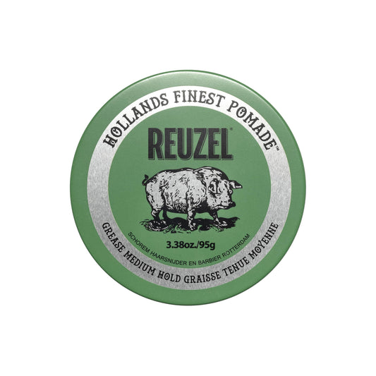 REUZEL Green Grease Pomade, Medium All Day Hold, Oil-Based Styling Wax, Medium Shine and Flake Free, Easy To Wash Out, For All Hair Types, 1.3 oz