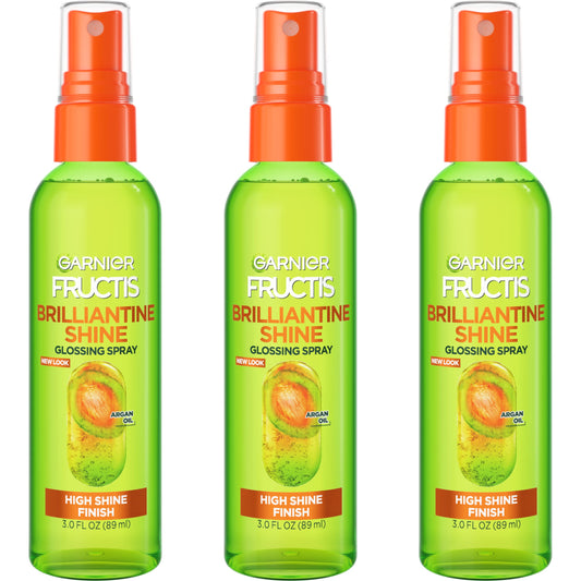 GARNIER Fructis Style Brilliantine Shine Glossing Spray for High Shine Finish, Argan Oil, 3 Fl Oz, 3 Count (Packaging May Vary)