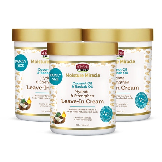 AFRICAN PRIDE Moisture Miracle Coconut Oil & Baobab Oil Leave-In Hair Cream (3 Pack) - Provides Intense Moisture & Helps Repair Natural Coils & Curls, Hydrates & Strengthens, 18 oz
