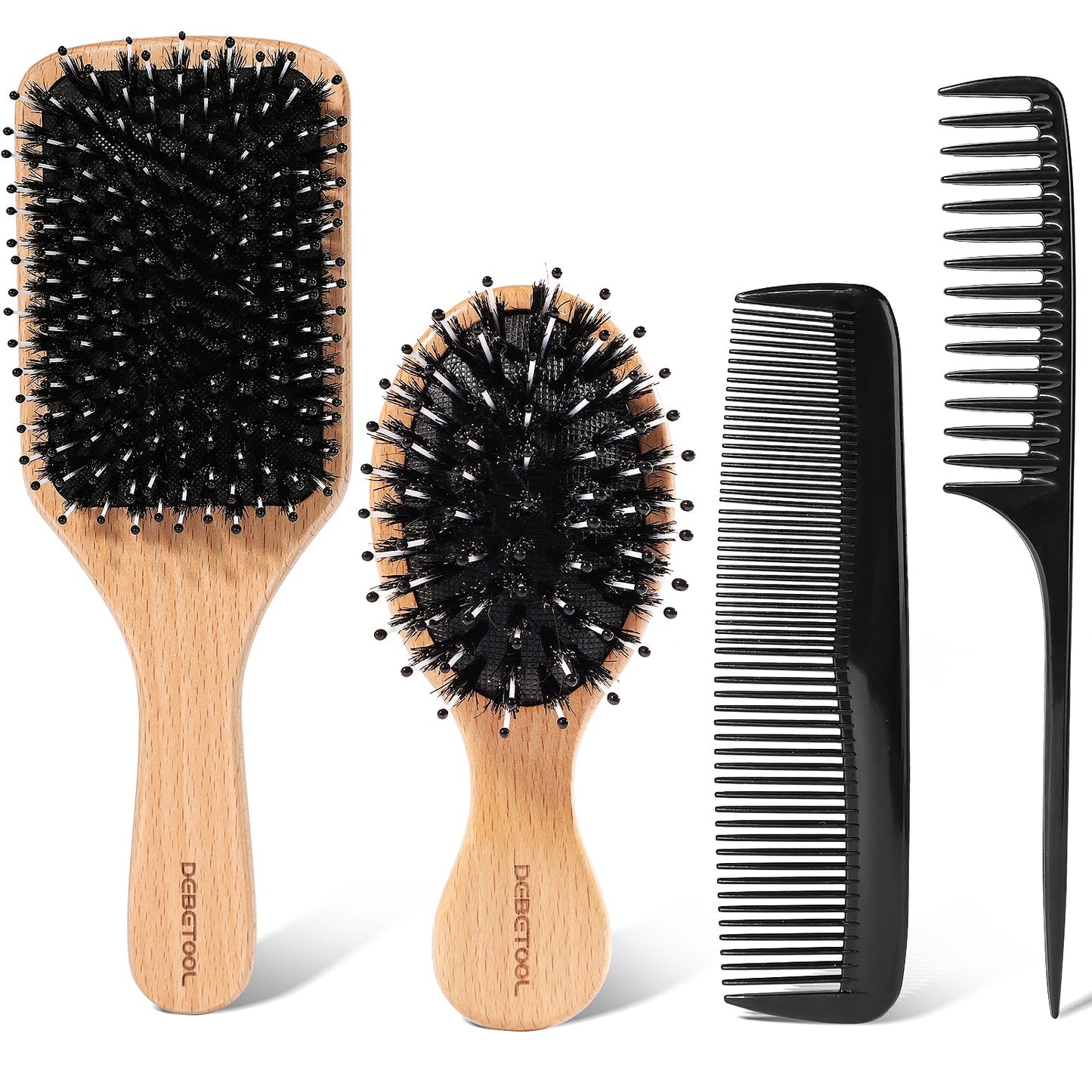 Wooden Hair Brush and Comb Set for Women - 4-Piece Boar Bristle Brush Kit with Natural Wood Paddle & Travel hair Brush for Wet/Dry Hair Detangling, Smoothing & Styling