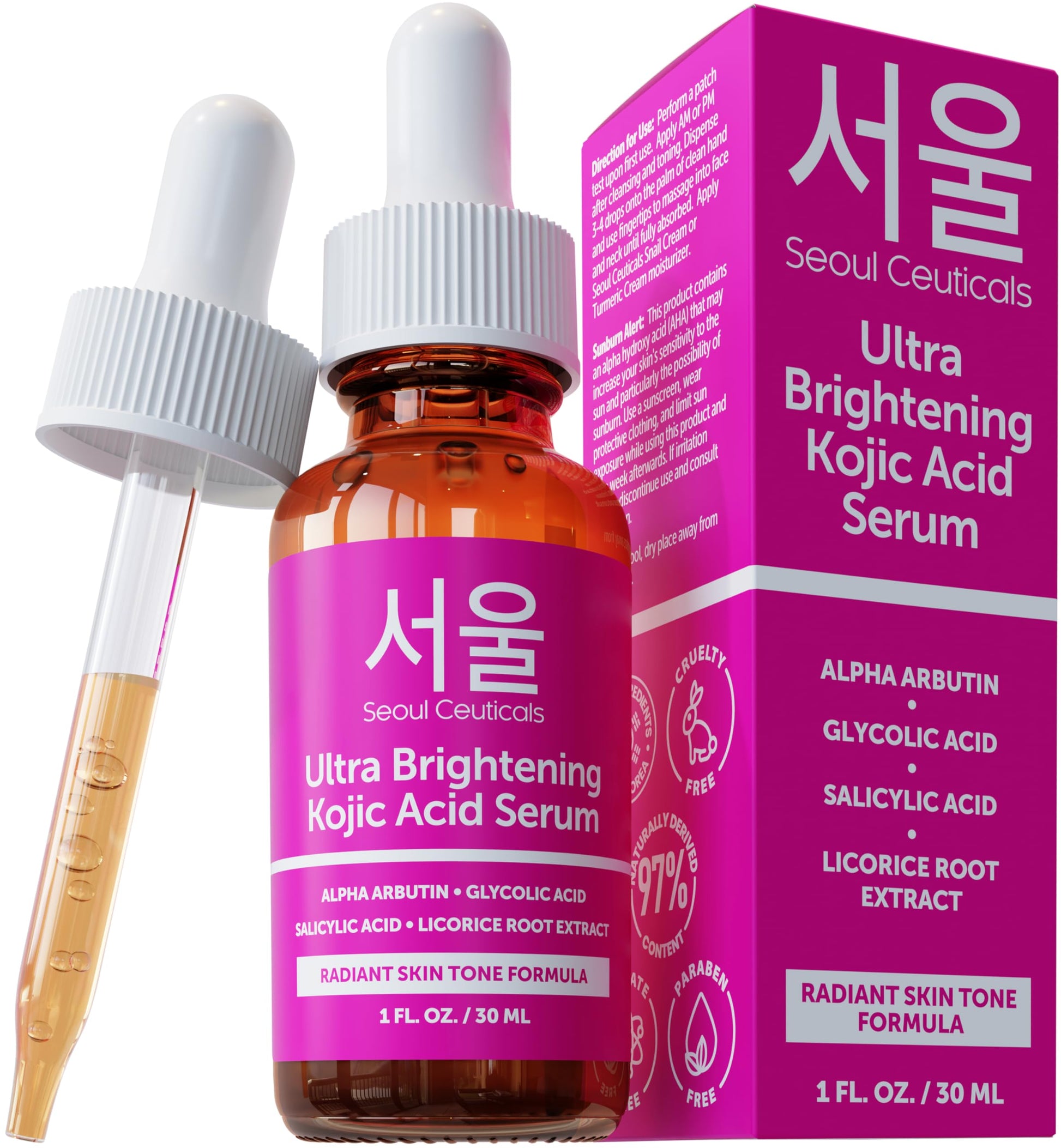 SeoulCeuticals Korean Skin Care Kojic Acid Serum Alpha Arbutin Dark Spot Remover Corrector Glycolic Acid + Salicylic Acid K Beauty 1oz