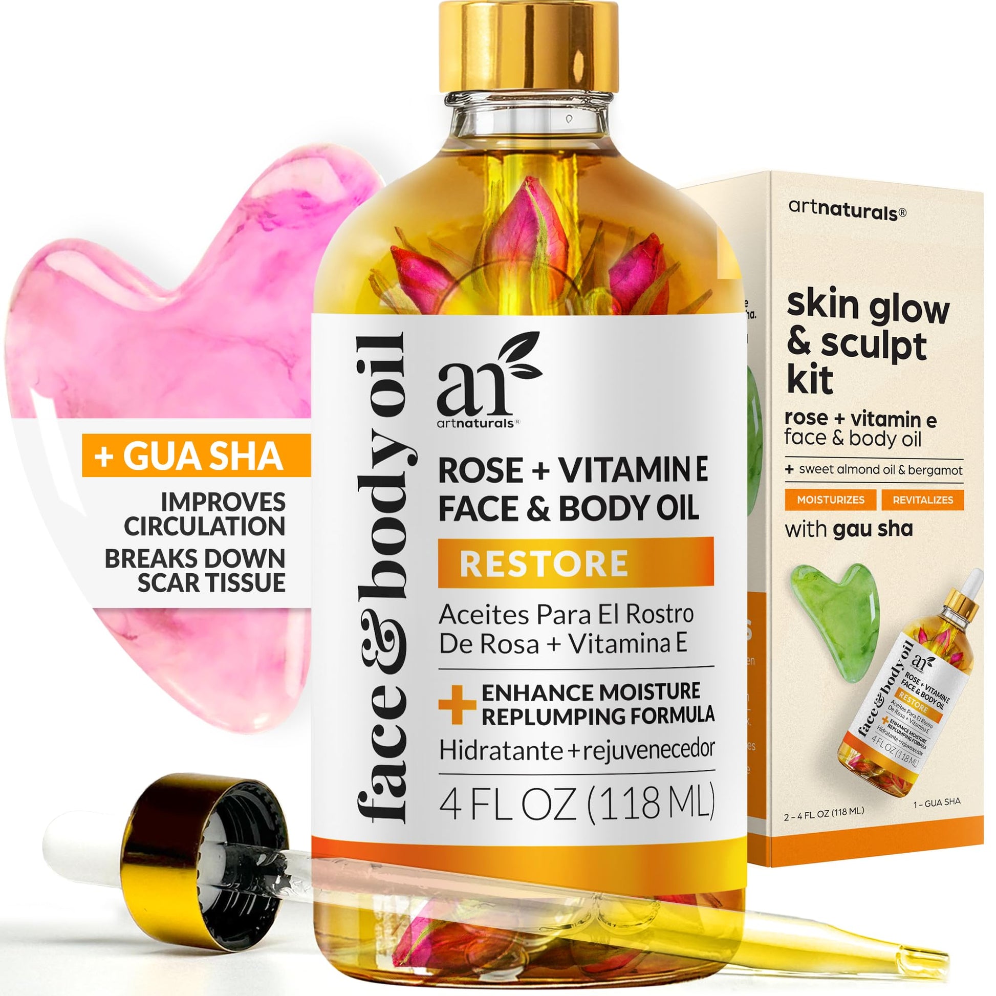 ARTNATURALS Face & Body Vitamin E Bio Oil 4.0oz + Gua Sha Facial Tools Set - Organic Moisturizer Skincare for Scars, Stretch Mark, Cellulite & Nails - Great Massage oil for Massaging Joint & Muscle