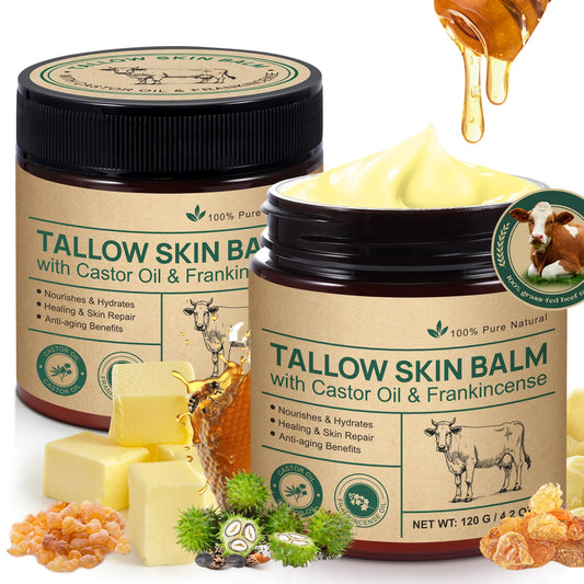 Tallow Castor Oil Frankincense Oil Handmade Skin Balm, Face & Body Moisturizer for Sensitive Skin, Eczema All-Purpose Balm, 100% Grass-Fed Tallow for Skin Care