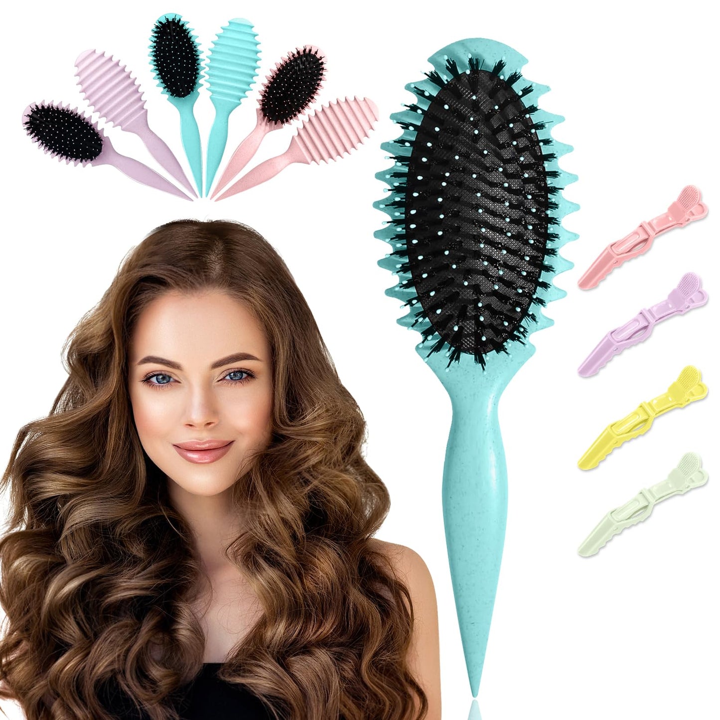 Curl Defining Curly Hair Brush,Hair Styling Brush with Gator Clips,Curling Define Edge Lift Styling Brushs for Curly Wet Detangling,Shaping & Defining Curls for Women Men(Green)