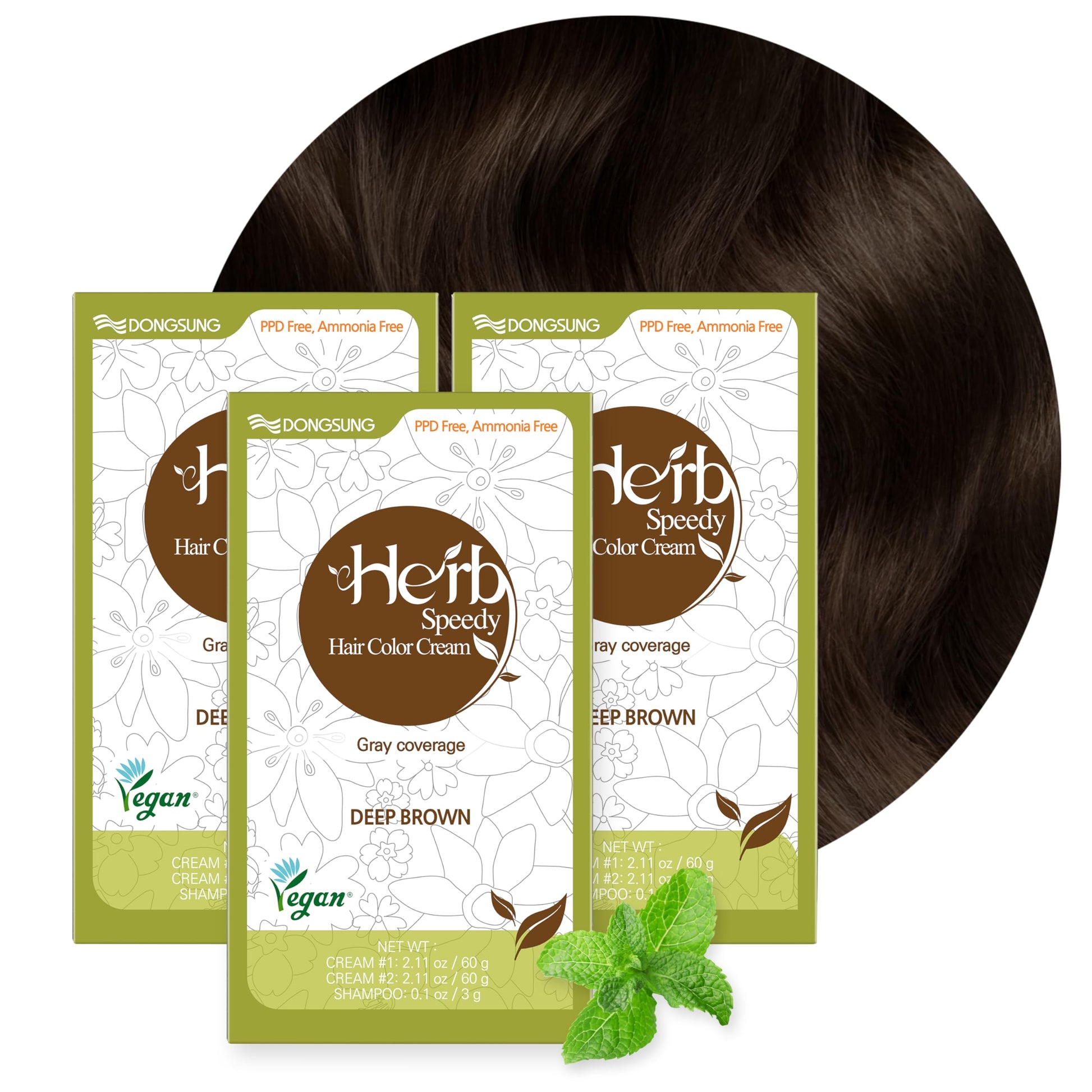 Dongsung Herb Speedy Color Cream (Deep Brown, 3 Pack), PPD-Free Ammonia-Free Vegan Gray Coverage Hair Dye with Sun Protection, Odorless, Gentle for Sensitive Scalp, No Eye or Scalp Irritation