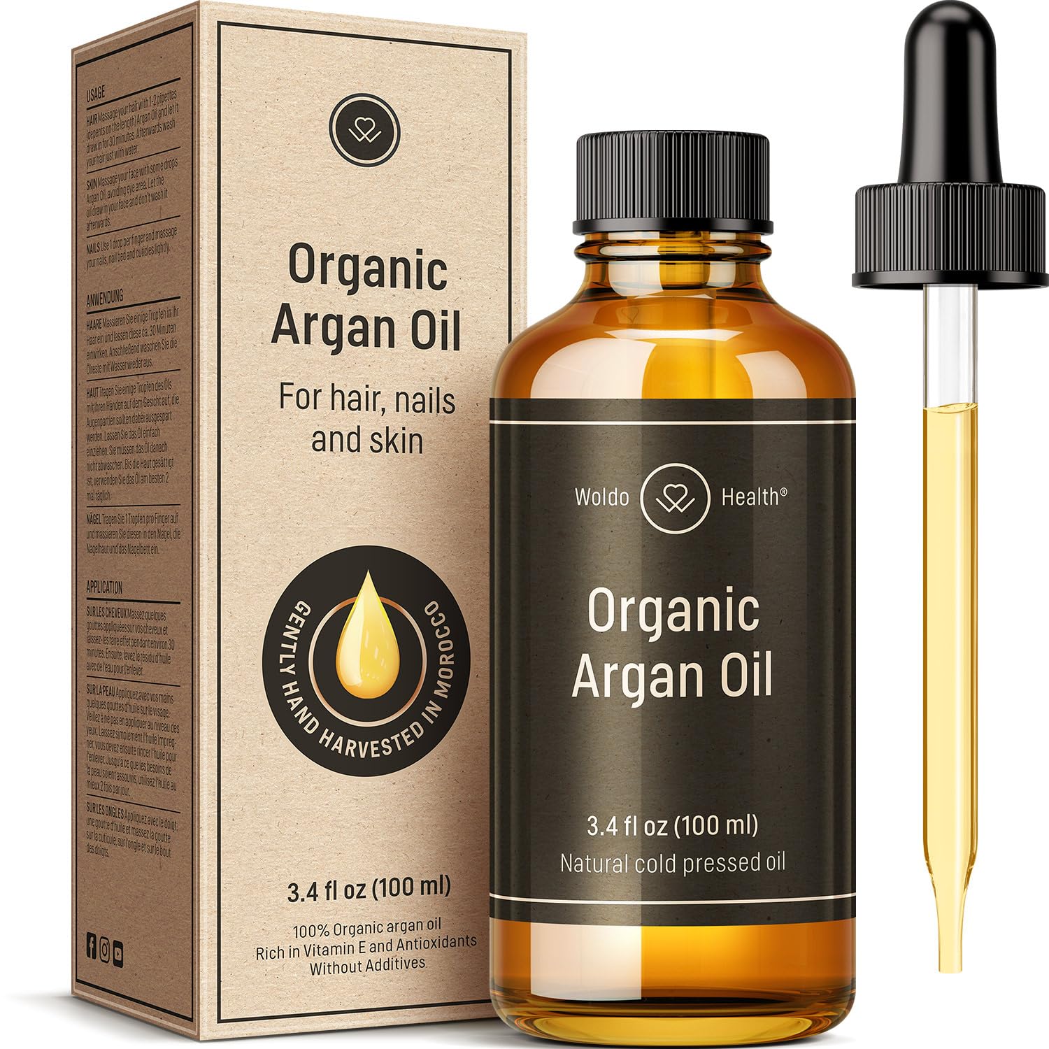 Organic Argan Oil Cold Pressed 3.4 Fl Oz - Moroccan Beauty Oil for Hair, Skin, Nails & Face, Vitamin E Rich, Non-Greasy, Natural Moisturizer
