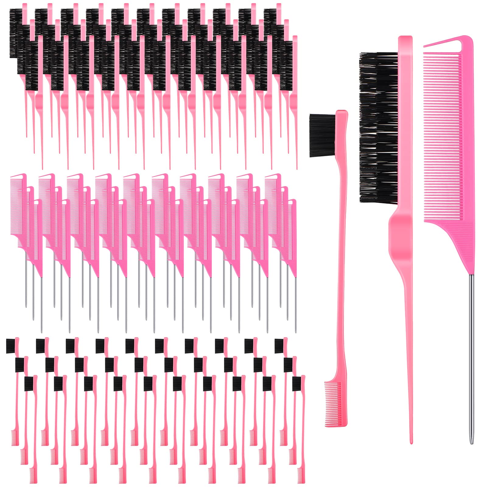 90 Piece Hair Styling Set: 30 Teasing Brushes, 30 Rat Tail Combs, 30 Edge Brushes for Women, Babies, and Kids - Pink