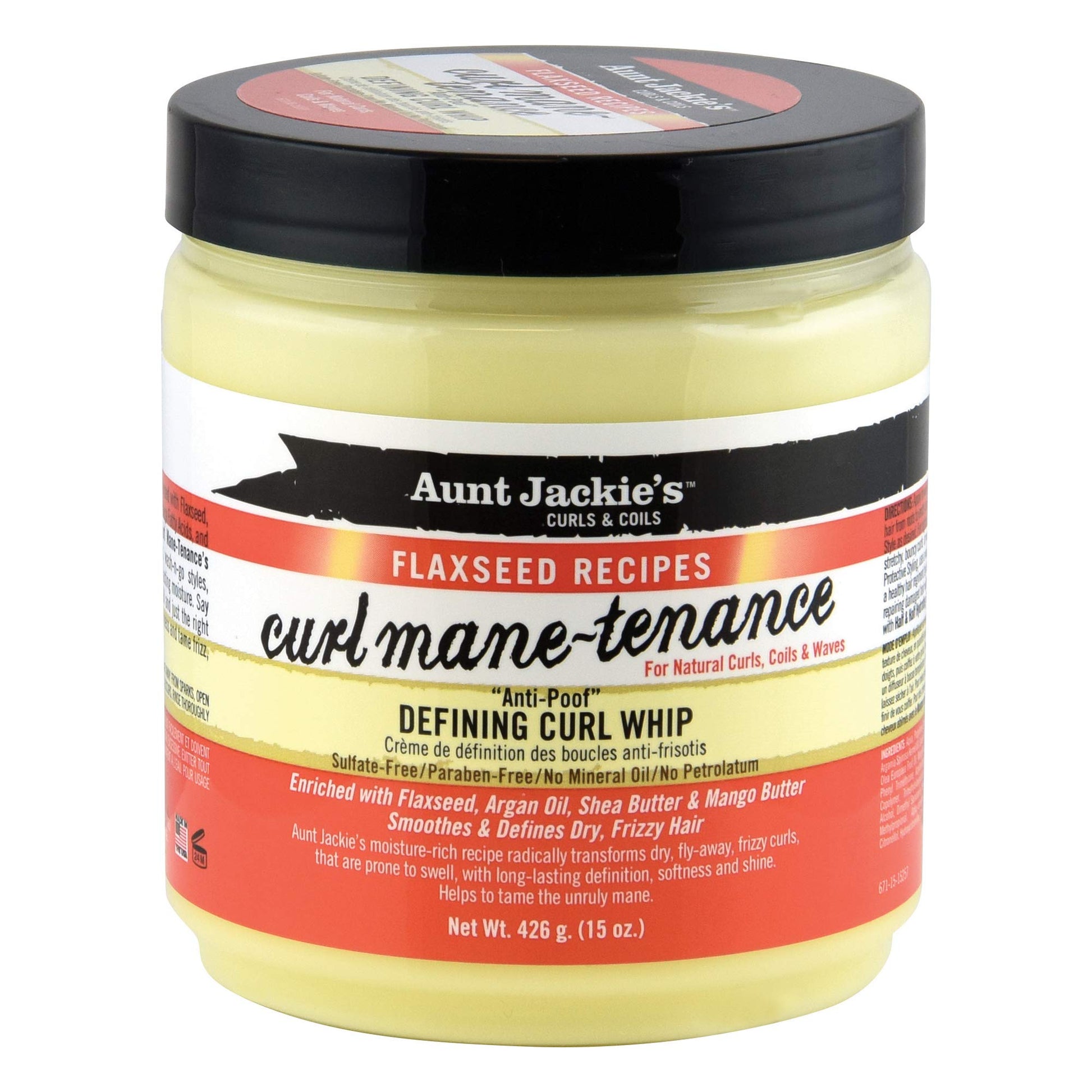 AUNT JACKIE'S Flaxseed Recipes Curl Mane-tenance, Lightwieght Anti-Poof Defining Curl Whip, Enriched with Flaxseed, Argan Oil and Shea Butter, Great for Dry and Frizzy Hair, 15 Oz Jar, Orange
