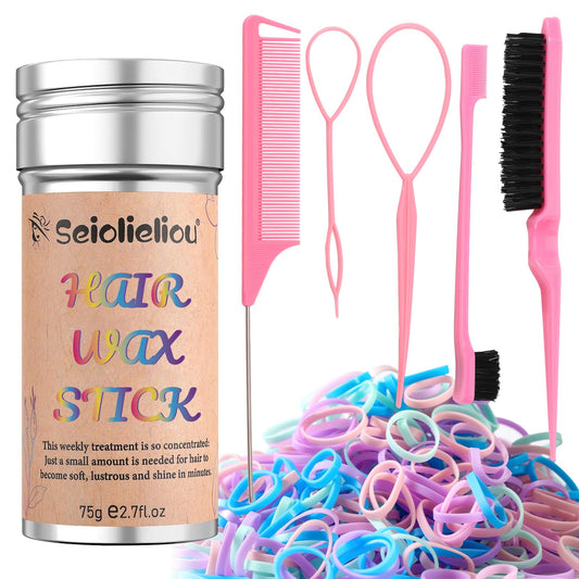 Hair Wax Stick Accessories, 500 PCS Colorful Hair Elastics for Kids Women, 3 Pcs Hair Brush for Girls, 2 Hair Loop Styling Tools